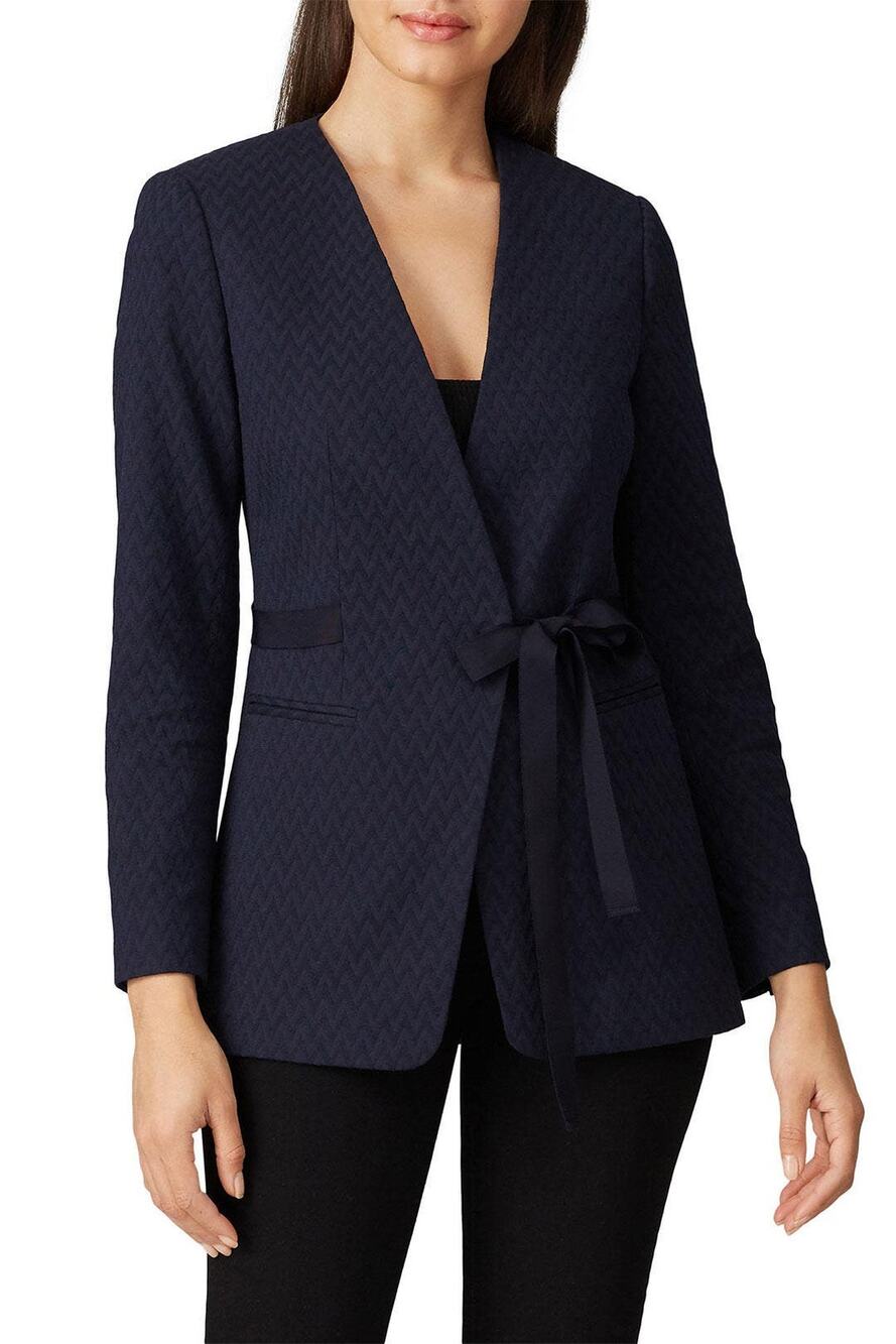 Rebecca Taylor NYC Navy Zig Zag Jacquard Tie Front Blazer Jacket Size 8